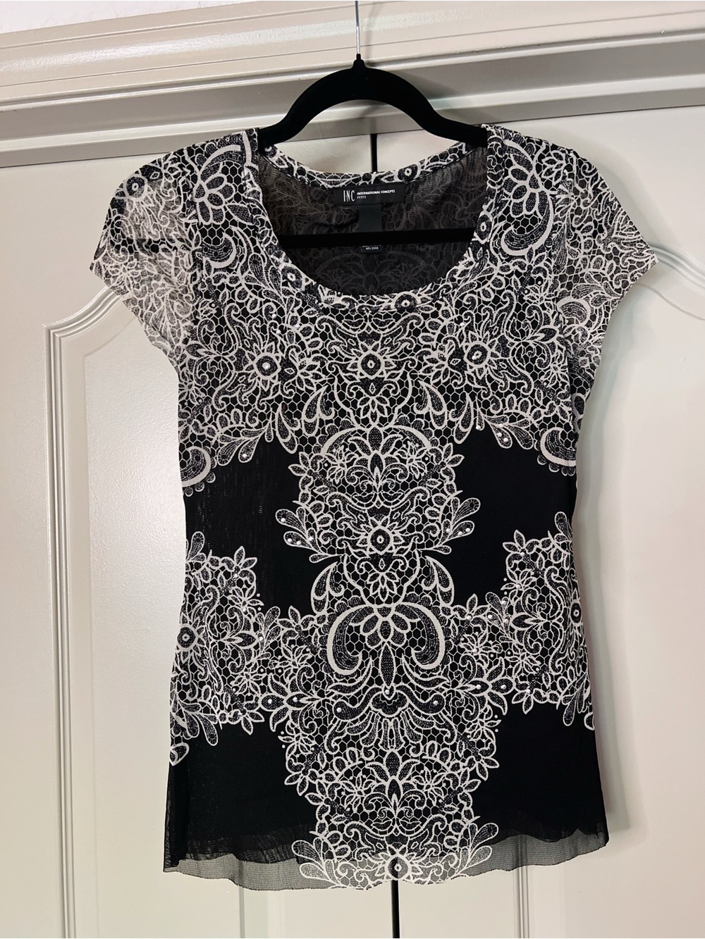 Y2K Whimsigoth Lace Print Mesh Top Black White INC Petite Small